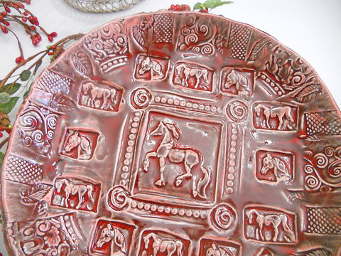 Horse,Bowl,Serving,glazed,in,Ruby,Red,Handmade,Pottery