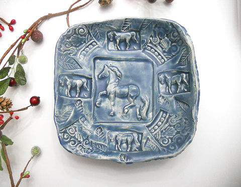 Ceramic,Bowl,Horse,Serving,Handmade,Pottery,glazed,in,denim,blue,horse pottery, horse bowl, ceramic horse bowl