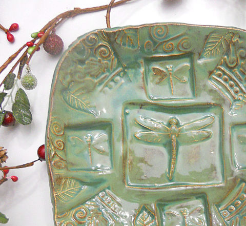 Pottery,Bowl,Dragonfly,w,feet,Rustic,Green,Handmade,Pottery Bowl, dragonfly bowl, serving_bowl, candy_bowl, handmade pottery