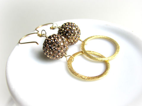 Pave,Crystal,Earrings,with,14k,Vermeil,Gold,Pave Earrings, Crystal Pave, Rhinestone Earrings,Mocha Brown, 14k Vermeil, Vermeil Gold, 14k Gold, Classy