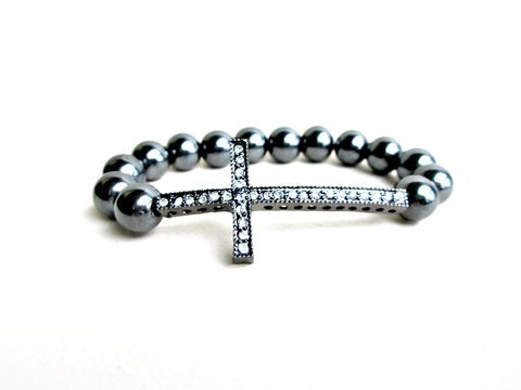 Hematite,Sideways,Cross,Bracelet,Hematite bracelet,sideways cross bracelet,rhinestone cross bracelet,beaded stretch bracelet