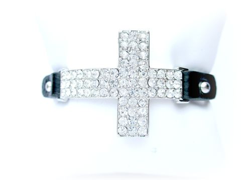 Black,Leather,Rhinestone,Cross,Bracelet,rhinestone cross bracelet,black leather cross bracelet,leather rhinestone cross bracelet,black leather bracelet,leather bracelet
