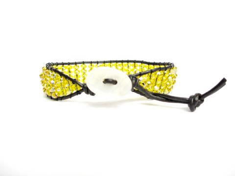 Golden,Crystal,and,Leather,Bracelet,Inspired,by,Chan,Lu,leather wrap bracelet,beaded bracelet,chan lu, citrine,handmade,yellow,chan luu,single wrap bracelet