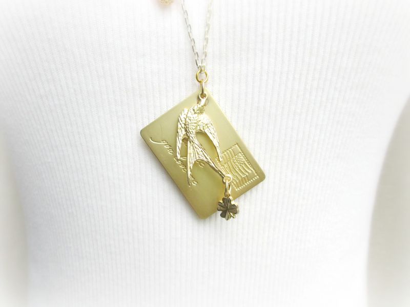 Matte Gold Postcard and Swallow Pendant - product images  of 