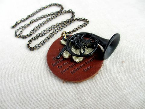 French,Horn,and,Leather,Pendant,french horn pendant,french horn necklace,horn necklace,horn pendant,leather pendant,leather necklace,matte black chain