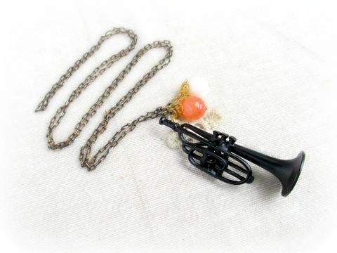 Trumpet,Necklace,trumpet necklace,trumpet charm,trumpet pendant,matte black necklace,musical jewelry,music jewelry,long necklace,matte black chain
