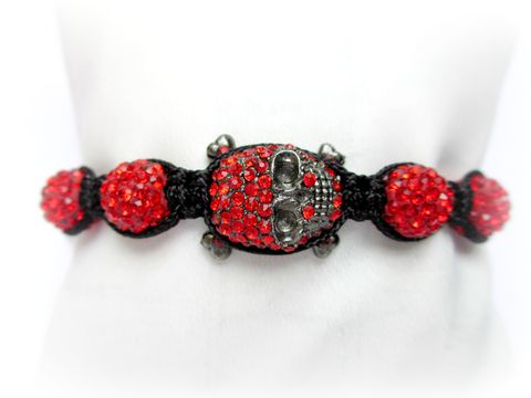 Red,Rhinestone,and,Gunmetal,Skull,Bracelet,red skull Bracelet,red rhinestone skull bracelet,skull bracelet,rhinestone bracelet,macrame bracelet,beaded bracelet