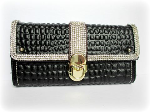 Black,Leather,Rhinestone,Wallet,with,Buckle,Closure,rhinestone leather wallet,genuine leather wallet,Rhinestone wallet,wallet