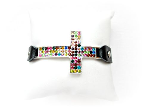 Black,Leather,Rhinestone,Cross,Bracelet,with,Rainbow,Crystals,leather cross bracelet,Rhinestone leather cross bracelet,cross bracelet,leather bracelet