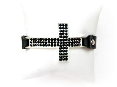 Large,Leather,and,Rhinestone,Cross,Bracelet,with,Black,Crystals,large leather cross bracelet,rhinestone leather bracelet,leather cross bracelet,leather bracelet,black leather bracelet