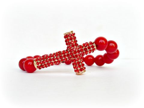 Red,Coral,Rhinestone,Cross,Bracelet,coral bracelet,cross bracelet,sideways cross bracelet,stretch bracelet,beaded bracelet,bracelet,red,Christmas Jewelry
