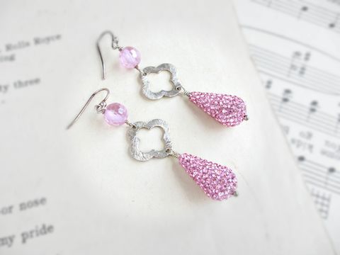 Pink,Pave,and,Sterling,Silver,Earrings,,Drop,Earrings,pink earrings, pave earrings, drop earrings, sterling silver earrings,CZ earrings,crystal pave earrings