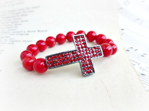 Red,Coral,Cross,Bracelet,,Sideways,Bracelet