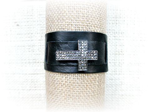 Black,Leather,Bracelet,with,Rhinestone,Cross,black leather cuff bracelet,black leather bracelet,leather cuff,leather wrap bracelet