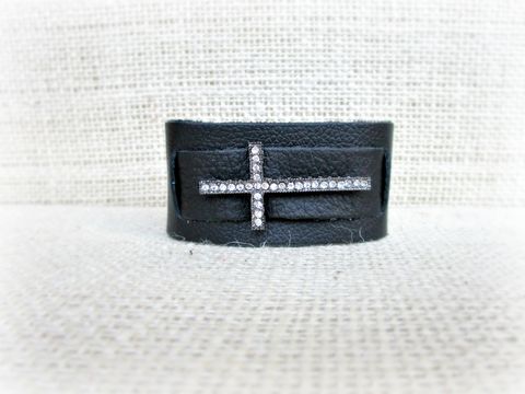 Black,Leather,Cuff,Bracelet,with,Rhinestone,Cross,leather cuff bracelet,black leather bracelet,black bracelet,cross bracelet,leather cross bracelet