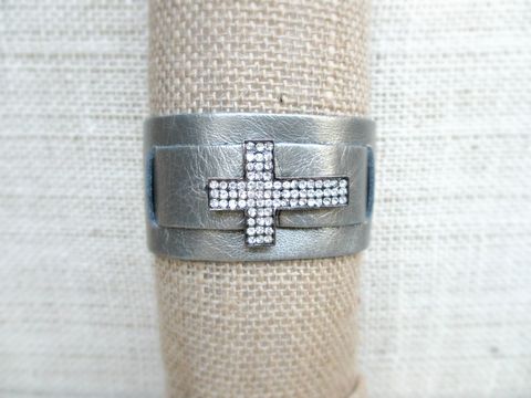 Metallic,Grey,Leather,Cuff,Bracelet,with,Rhinestone,Cross,leather cuff bracelet,leather cuff,leather bracelet,black leather bracelet,leather cross bracelet,leather wrap bracelet