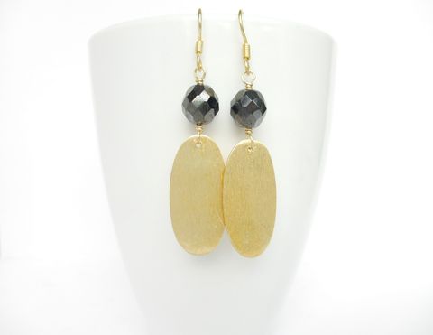 Brushed,Vermeil,Gold,and,Hematite,Earrings,vermeil gold,gold,hematite earrings,handmade earrings, matte gold earrings,oval earrings