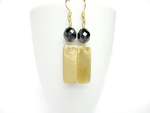 Brushed,Vermeil,Gold,Rectangle,Earrings,with,Vintage,Hematite,rectangle,brushed gold,matte gold,hematite,handmade earrings,vermeil gold,vintage bead earrings