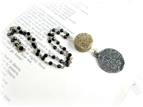 Vintage,Greek,Coin,Necklace,with,Gold,Druzy,druzy necklace,drusy necklace,gold,black and gold necklace,Vintage coin necklace,Antiqued Brass necklace