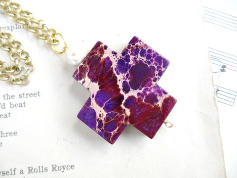 Purple,Stone,Cross,Pendant,Necklace,on,Matte,Gold,Chain,cross necklace,handmade necklace,purple necklace,turquoise necklace,matte gold  chain necklace