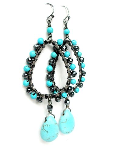 Turquoise,Chandelier,Earrings,in,Gunmetal,chandelier earrings,turquoise earrings,teardrop earrings,gunmetal earrings