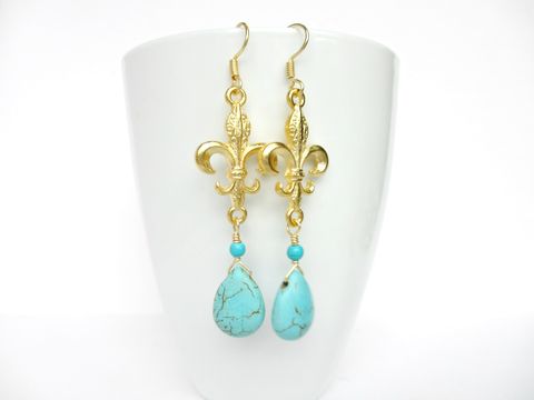 Turquoise,and,Gold,Fleur,De,Lis,Drop,Earrings,fleur de lis earrings,french earrings,gold earrings,turquoise earrings