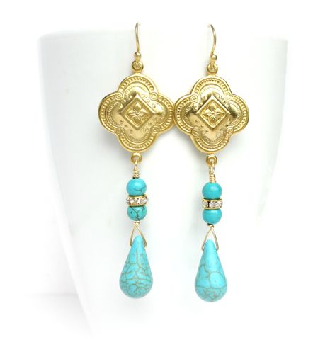 Gold,Bohemian,Quatrefoil,Drop,Earrings,quatrefoil earrings,gold earrings,turquoise earrings,bohemian earrings