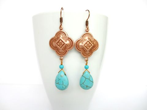 Rose,Gold,and,Turquoise,Quatrefoil,Drop,Earrings,rose gold drop earrings,drop earrings,rose gold,bohemian earrings,turquoise earrings