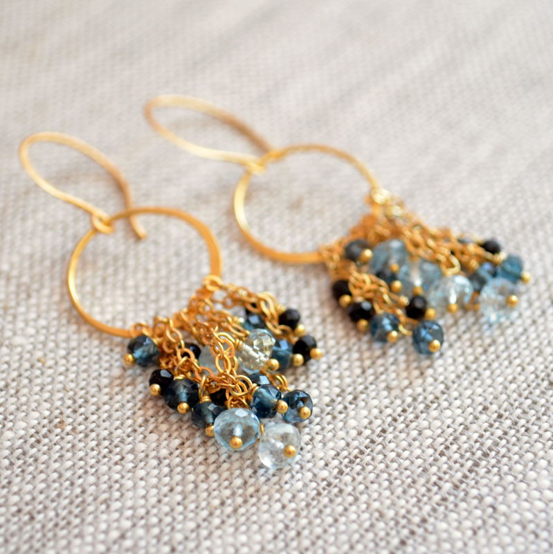 London Blue Topaz And Black Spinel Chandelier Earrings In Gold London Blue Topaz And Black Spinel Chandelier Earrings In Gold Livjewellery