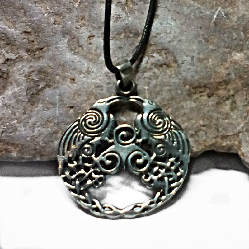 Twin Raven Magic Pendant Celtic Amulet Two Ravens Odin Blackbirds Twin Raven Magic Pendant Celtic Amulet Two Ravens Odin Blackbirds With Swirling Newgrange Spirals