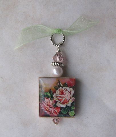 Pink,Roses,Scrabble,Pendant,Jewelry, Pendant, Art, altered art, vintage, pink, rose, roses, charm, pendant, necklace, scrabble tile, Designs by Chastity
