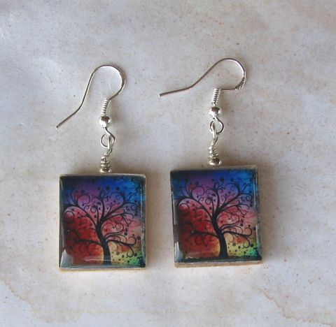 Rainbow,Abstract,Tree,Love,Scrabble,Earrings,Jewelry, earrings, Art, altered art,  charm, scrabble tile, Designs by Chastity, abstract, tree, sterling silver