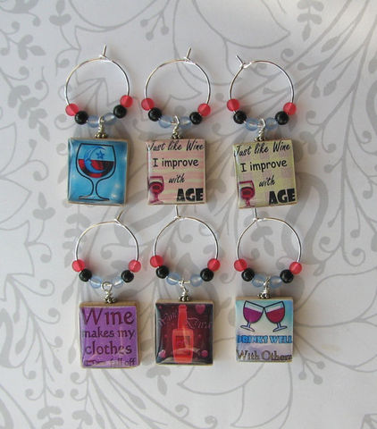 LOL,Scrabble,Wine,Charms,wine charms, kitchen, accessories,  Art, altered art, LOL, funny phrases,  beer bottle, party favor, scrabble tile, Designs by Chastity