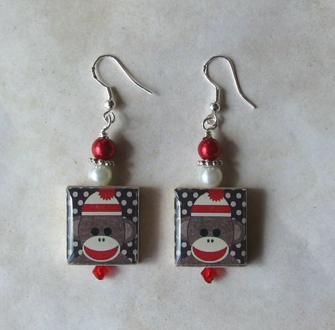Sock,Monkey,in,Red,Scrabble,Earrings,Jewelry, earrings, sterling silver, Art, altered art, art image, swarovski crystals, pearls, scrabble tile, Sockmonkey, sock monkey, red, Designs by Chastity, perfect gift