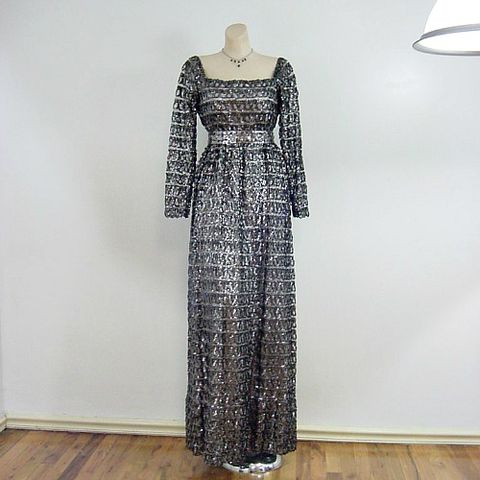 70s,Anne,Fogarty,A.,F.,Boutique,Glittery,Maxi,Party,Dress,36b/32w,anne fogarty, a.f. boutique, sequins, maxi, long, glittery, metallic, silver, black, party, christmas, new years, 1970s, 70s, designer, holiday, empire, dress, prettysweetvintage, sweetiepievintage, sweetie pie vintage