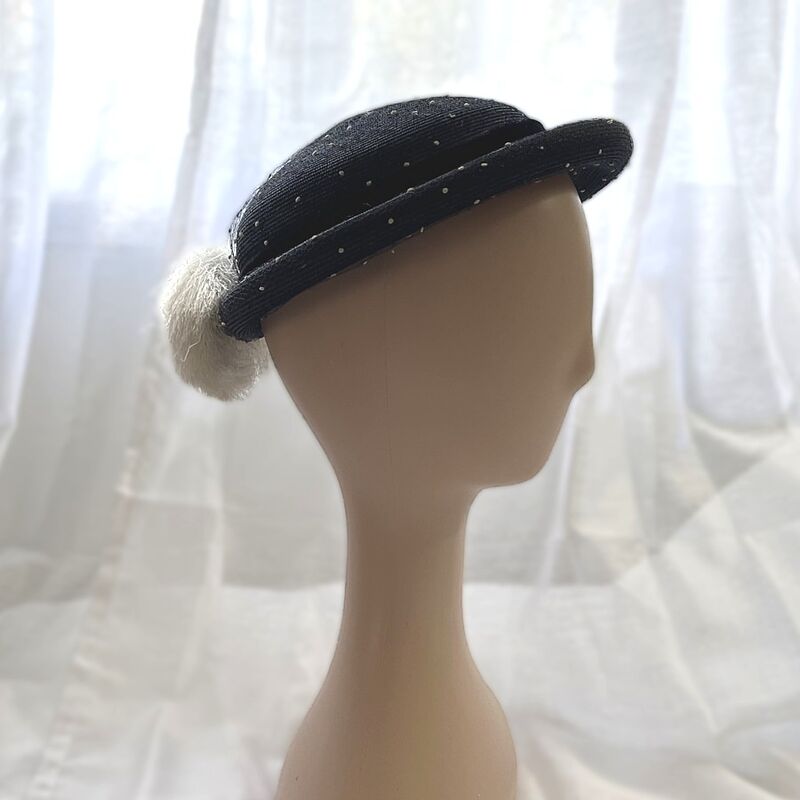 50s Vintage Navy & White Straw Pom Pom Topper Hat  20 inches - product image