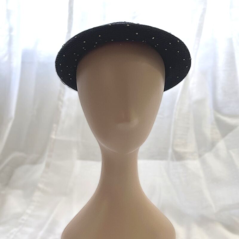 50s Vintage Navy & White Straw Pom Pom Topper Hat  20 inches - product image