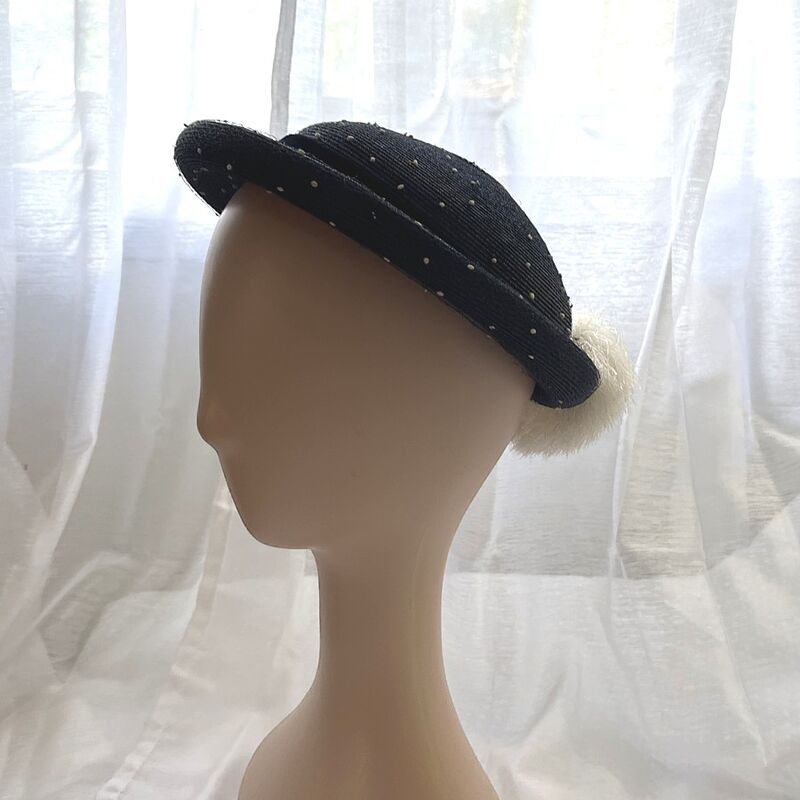 50s Vintage Navy & White Straw Pom Pom Topper Hat  20 inches - product image