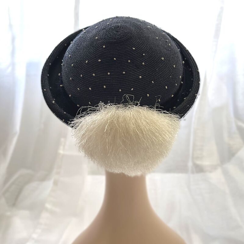 50s Vintage Navy & White Straw Pom Pom Topper Hat  20 inches - product image