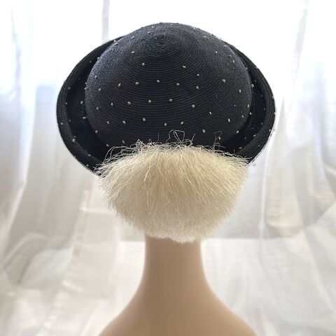 50s Vintage Navy & White Straw Pom Pom Topper Hat  20 inches 50s,Vintage,Navy,&,White,Straw,Pom,Topper,Hat,20,inches,1960s, 1950s, vintage, hat, chapeau, pom pom, navy, white, straw, rolled, netting, dotted, Pretty Sweet Vintage