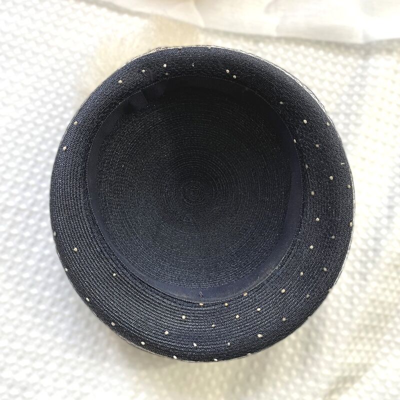 50s Vintage Navy & White Straw Pom Pom Topper Hat  20 inches - product image