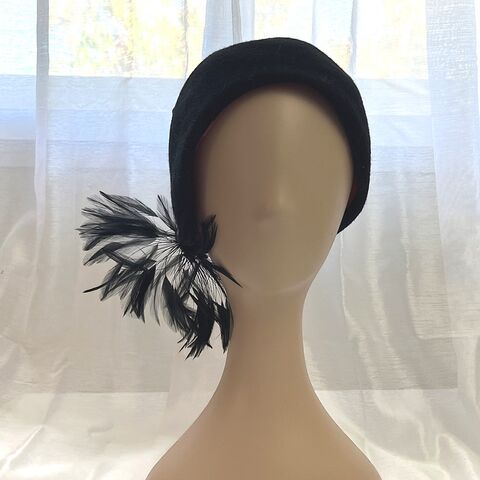 70s Vintage ADOLFO II Black Feathered Cloche Hat 70s,Vintage,ADOLFO,II,Black,Feathered,Cloche,Hat,1970s, vintage, hat, chapeau, cloche, Adolfo II, felted wool, wool, black, feathers, disco, Pretty Sweet Vintage