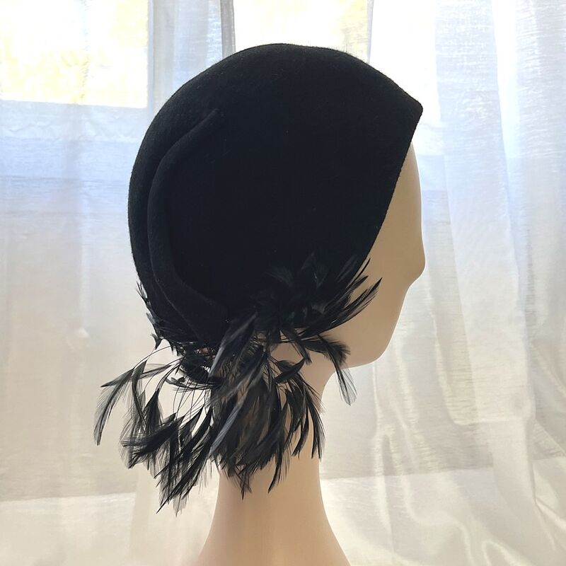 70s Vintage ADOLFO II Black Feathered Cloche Hat - product image
