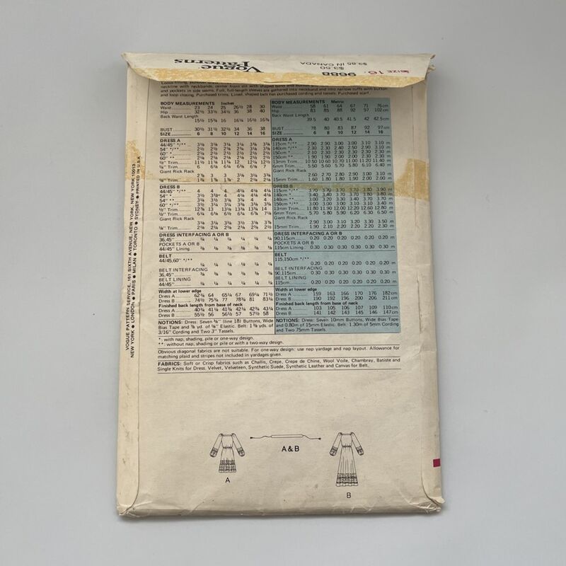 70s Vintage VOGUE PATTERN NO. 9688 Peasant Dress & Belt 38b/30w - product image