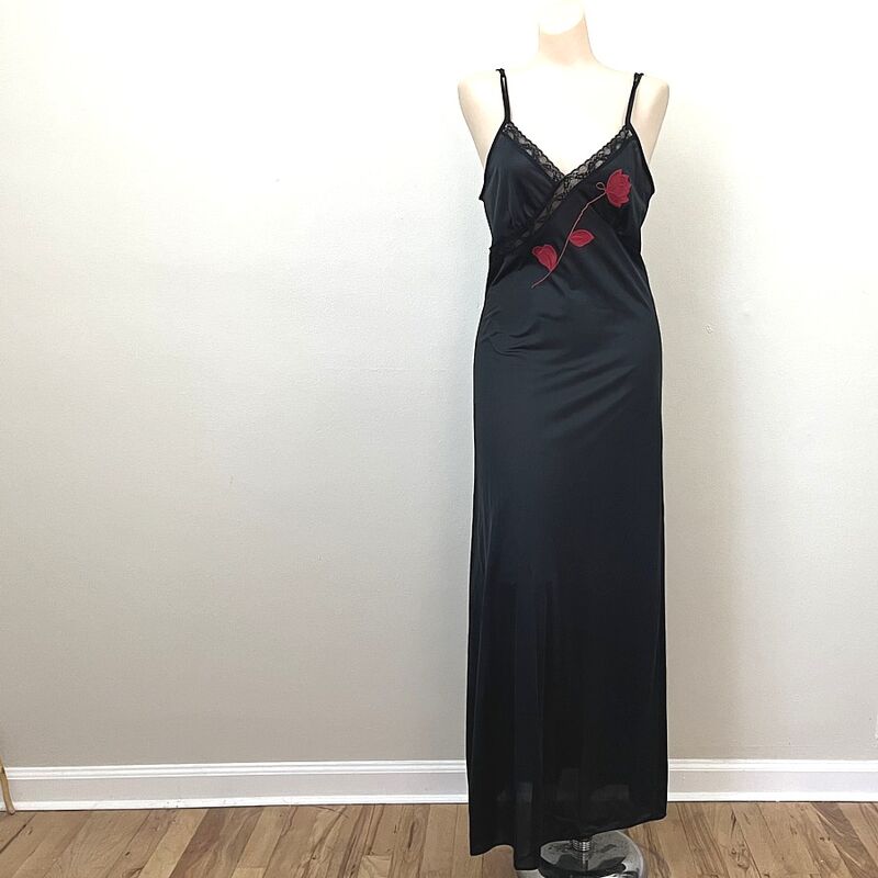 80s Vintage Black & Red Flower Applique Long Nightgown Medium - product image