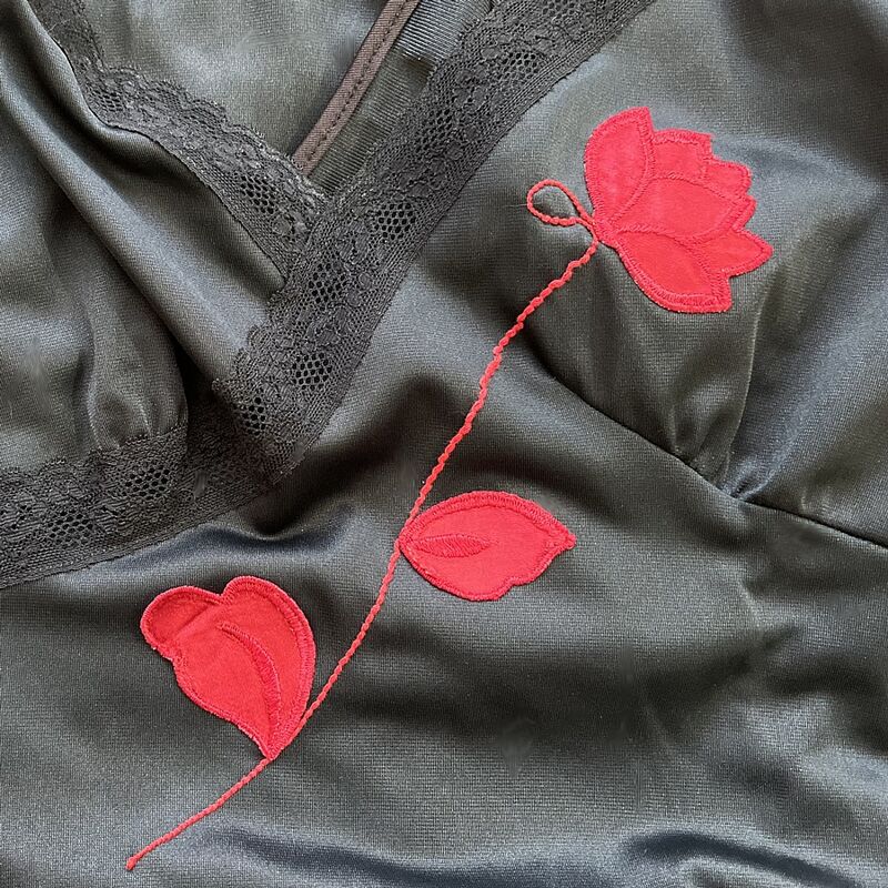 80s Vintage Black & Red Flower Applique Long Nightgown Medium - product image