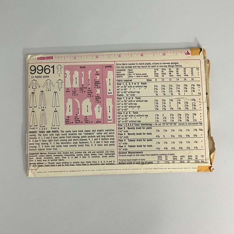 70s Vintage SIMPLICITY Misses Tunic & Pants Pattern No. 9961 M - product image