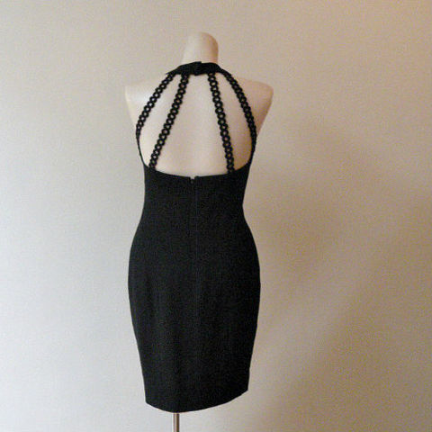 90s,Sexiest,Nicole,Miller,Little,Black,Dress,32b/27w,1990s, 90s, Nicole Miller, Ann Taylor, little black dress, dress, mini, black, bare, sexy, low cut, cage back, chain, curvy, sweetiepievintage, sweetie pie vintage