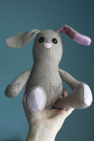 Blush,the,Bunny,-,Wool,plush,rabbit,with,floral,embroidery,and,wrap,scrap,accents,Handmade bunny,wool rabbit,plush rabbit,wrap scrap, repurposed,eco friendly stuffed toy,easter bunny,unique bunny,plush bunny,stuffed rabbit