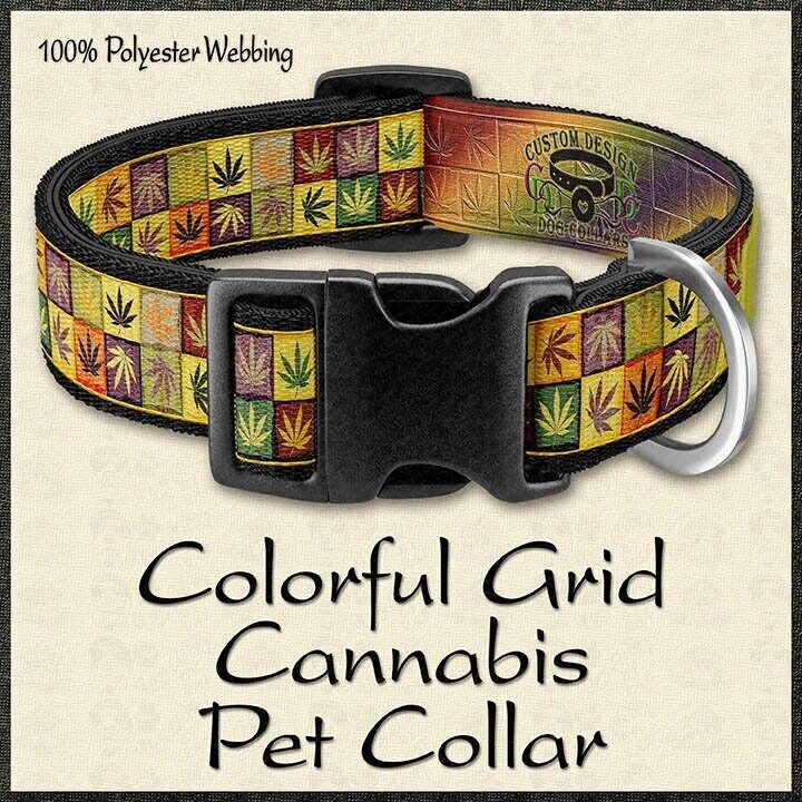 Marijuana Cannabis Hemp Weed Pot Colorful Grid Dog Collar - product image